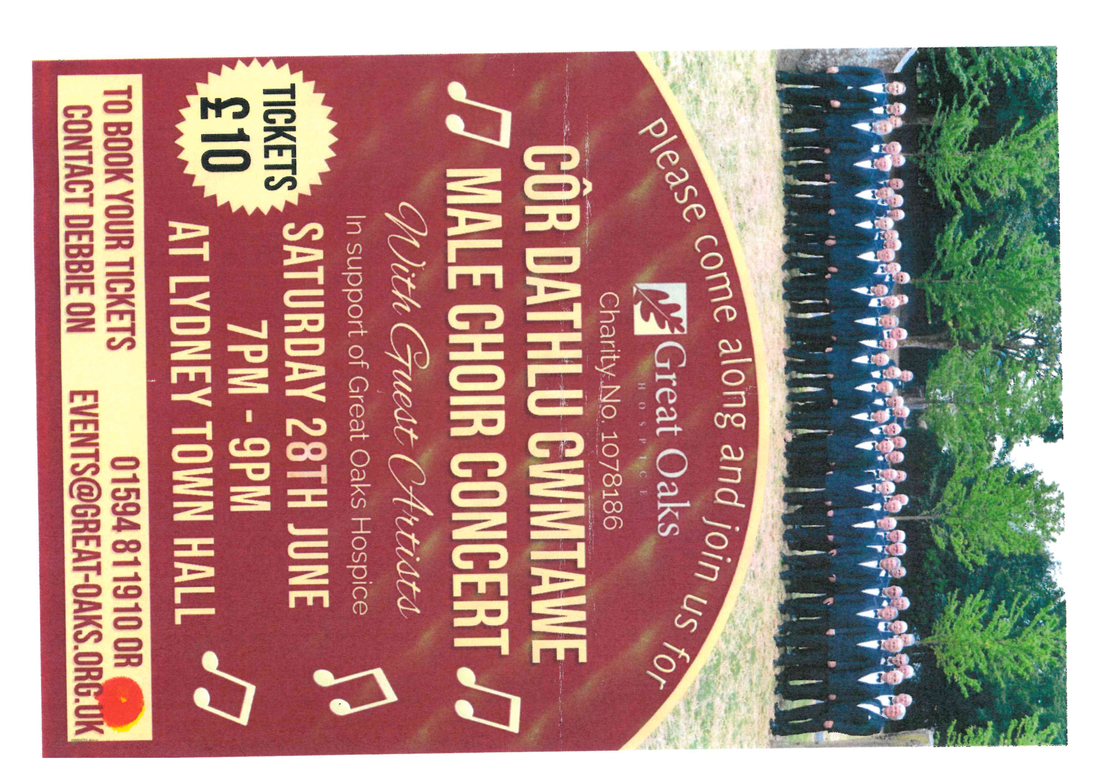 Male Choir Concert. 28th June 7pm-9pm at Lydney Town Hall. 01594 811910 or events@great-oaks.org.uk